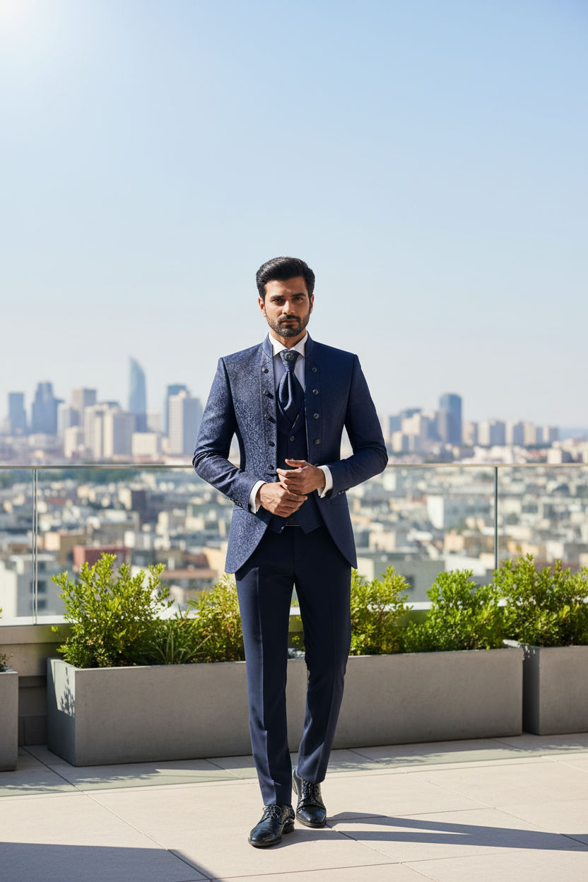 Traje azul marino en una terraza moderna
